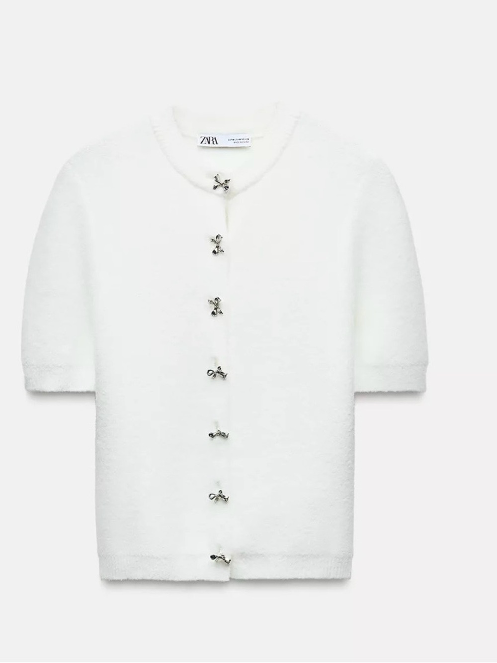 Zara White Bouclé Short-Sleeve Cardigan with Bow Accent Buttons